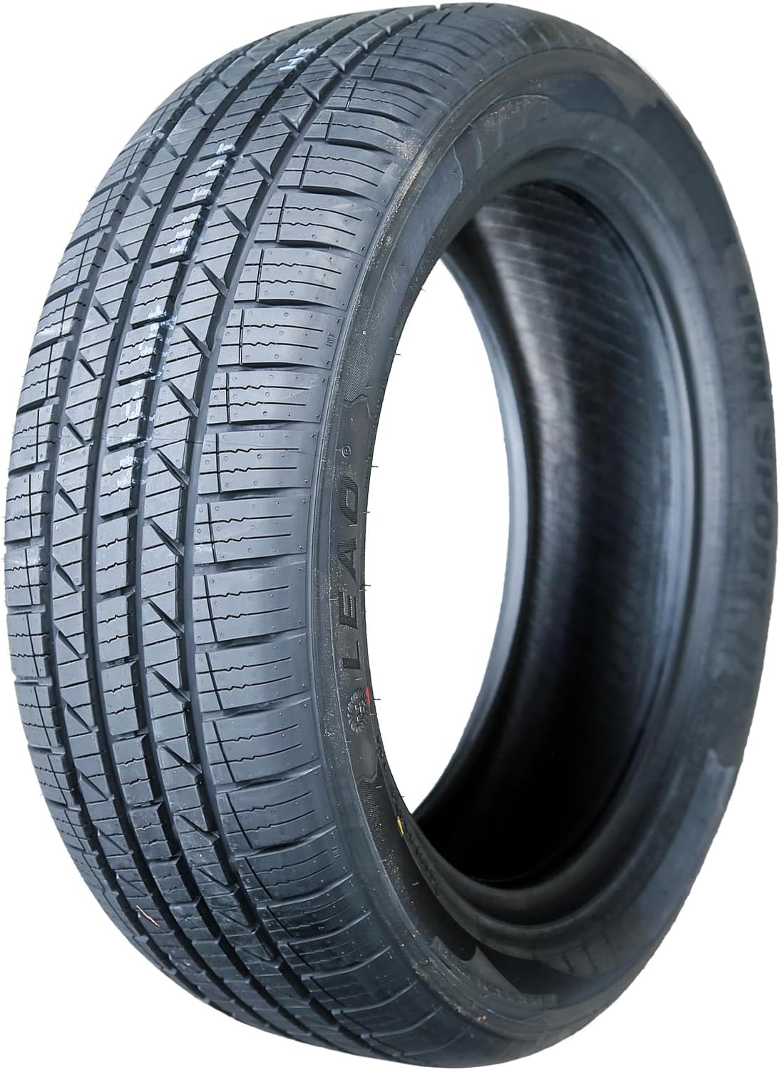 Leao Lion Sport all-season passenger tire, ribbed tread with four circumferential grooves and dense siping, LEAO and LION SPORT lettering across the sidewall